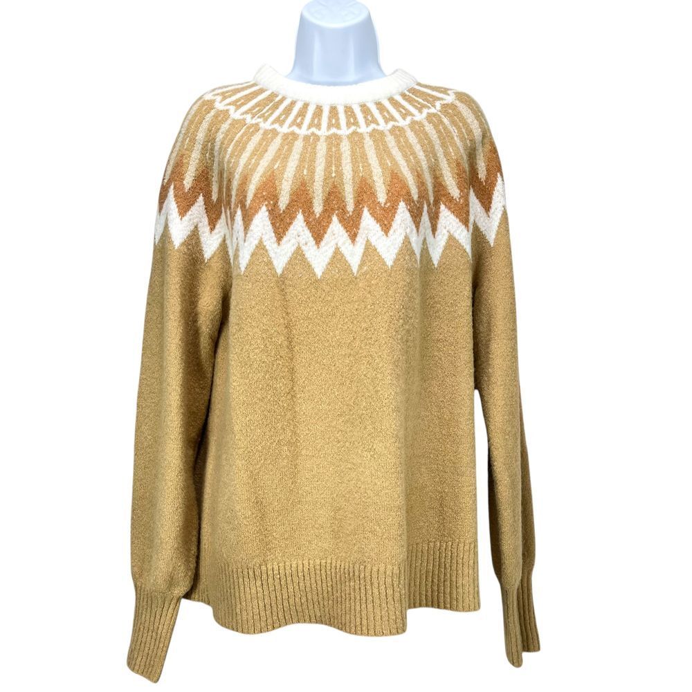 French Connection Essentials Women's Large‎ Fair Isle Crewneck Sweater in Camel